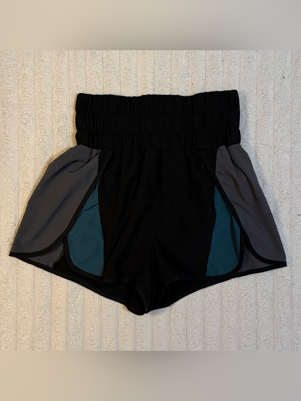 Women’s New In Brand Black Gym Running Shorts Grey Teal Panel High Waist M